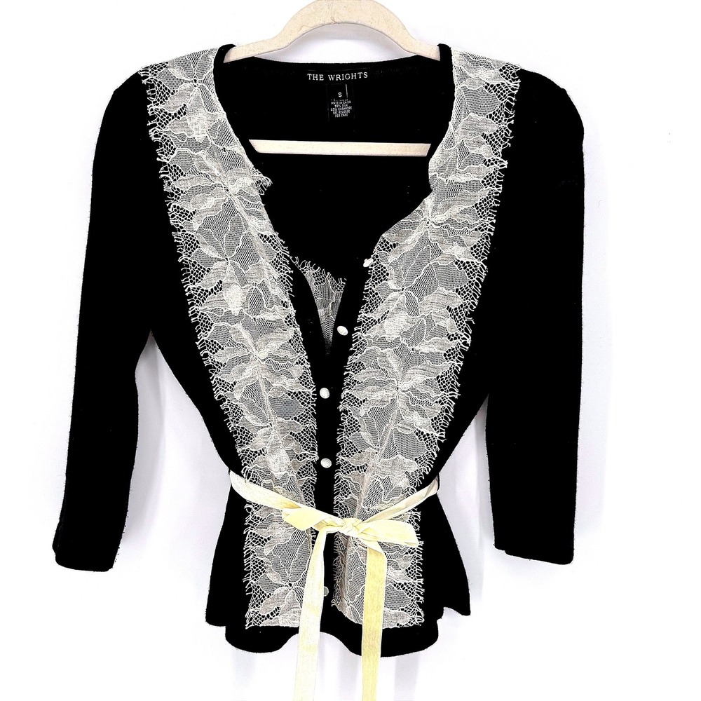 The Wrights Black Silk Cashmere Sweater Set Lace Trim Size S Romantic Luxury 2pc